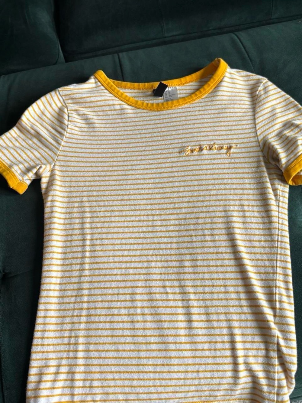 Yellow Stripe Embroidered Short Ringer Sleeve Tee